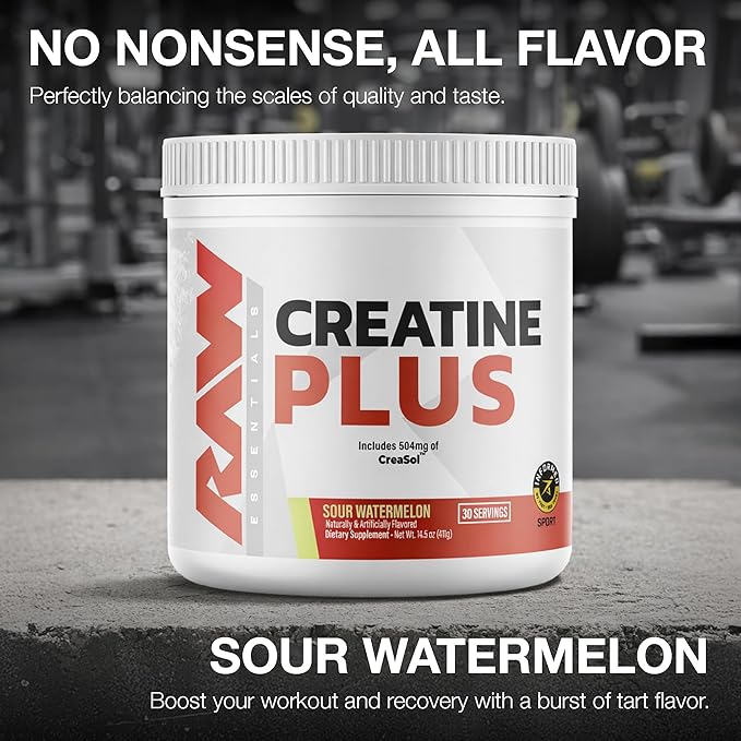RAW Creatine Plus Creatine HMB Powder for Men &amp Women - Creatine Monohydrate Powder with HMB Taurine &amp No Added Sugar - Muscle Mass Growth Strength Building &amp Enhanced Energy - Sour Wat