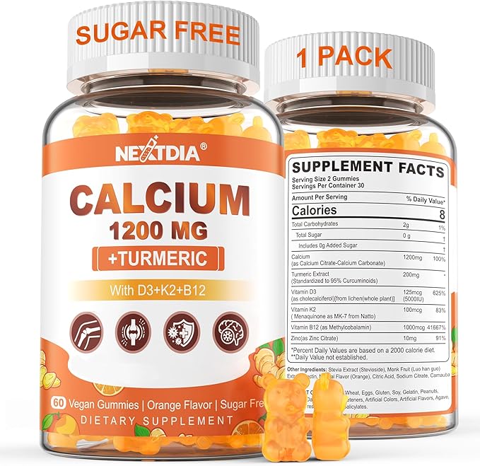 Calcium Gummies with Turmeric for Women &amp Men - Calcium 1200mg with Vitamin D3 K2 B12 5000 IU &amp Zinc Suger-Free Calcium Supplement for Bone Muscle Strength &amp Immune Support - Vegan(60 Co