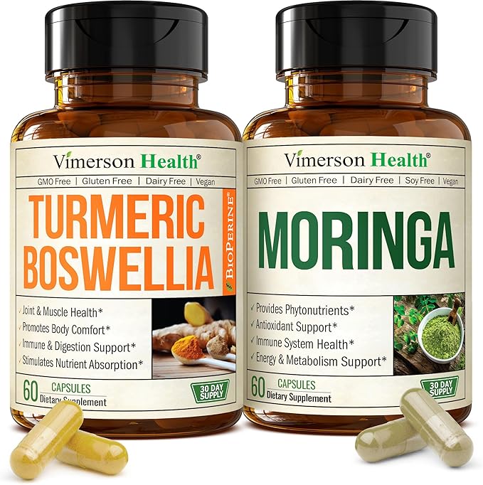 Boswellia Turmeric Curcumin Supplement + Moringa Capsules Bundle – Supports Joint Health Balanced Energy &amp Healthy Metabolism – with Ginger Root Organic Turmeric Powder and 100% Pure Moringa Pow