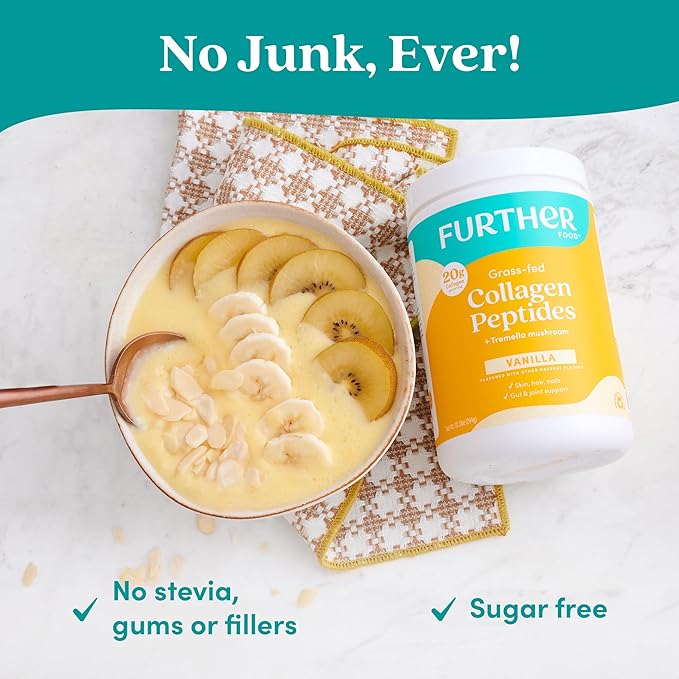 Further Food Vanilla Collagen Peptides Powder with Tremella Mushroom – 100% Grass-Fed Hydrolyzed Type 1 &amp 3 20g of Collagen per Serving Supports Skin Hair Nails &amp Joints 22.22 Oz