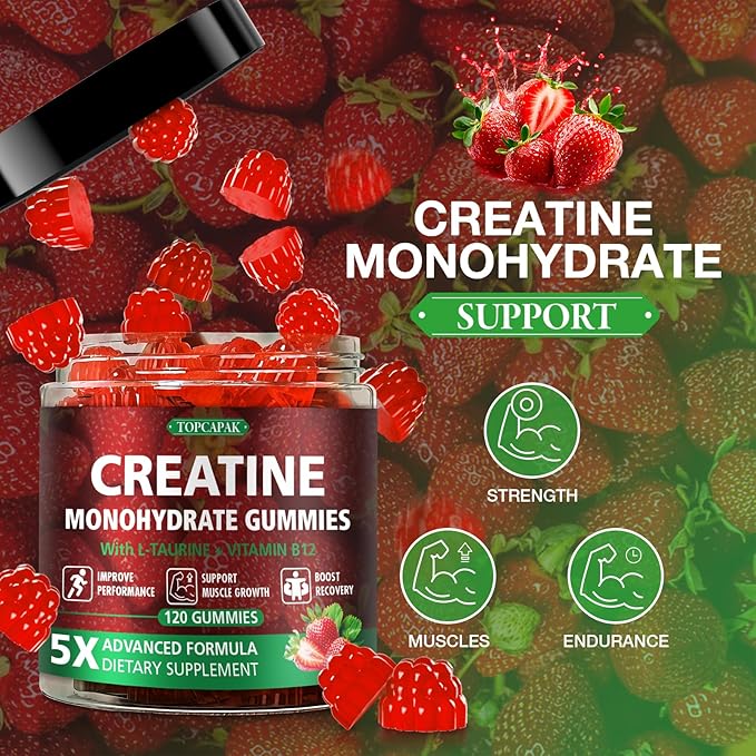 Creatine Gummies for Men &amp Women - Chewable Creatine Monohydrate Gummies with Taurine &amp Vitamin B12 5g Creatine per Serving Vegan Strawberry Flavor 120 Count