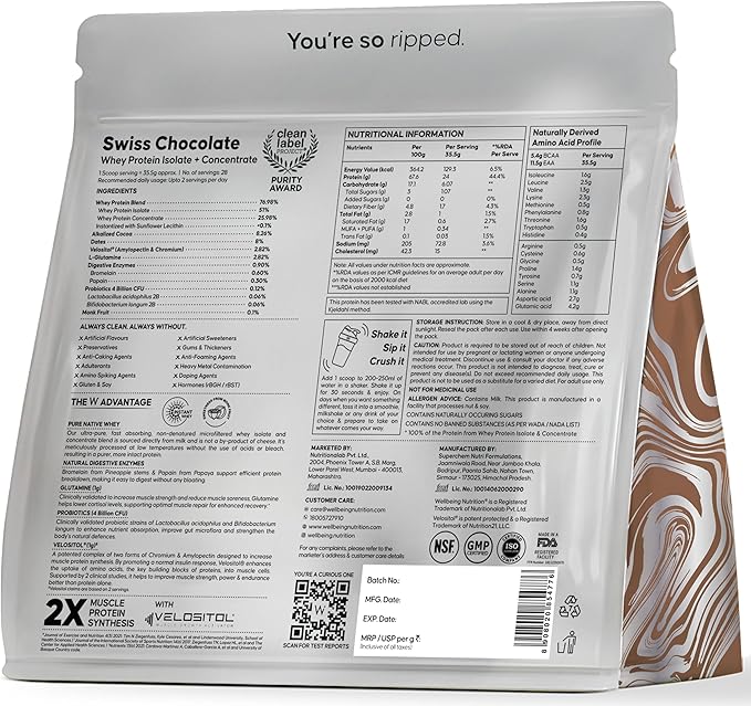 WELLBEING NUTRITION Whey Protein Isolate + Concentrate (Swiss Chocolate) | 24g Protein 11.5g EAA | Clinically Proven 2X Muscle Protein Synthesis| 4B CFU Probiotics &amp Digestive Enzymes | 1kg