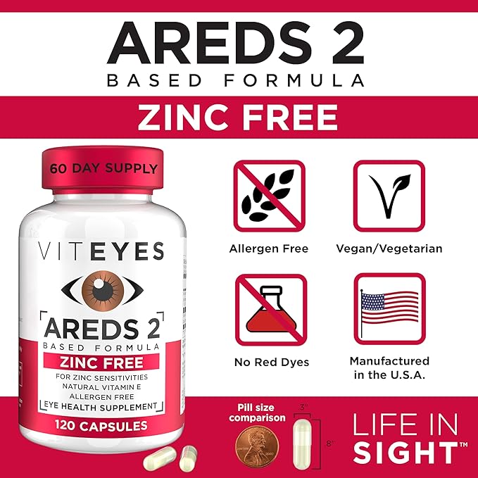 Viteyes AREDS 2 Zinc Free Macular Support Natural Allergen Free Capsules with Vitamin E Vitamin C Lutein &amp Zeaxanthin No Zinc No Copper Eye Doctor Trusted Manufactured in The USA 120 Ct