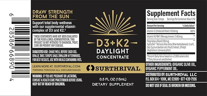Surthrival: Vitamin D3+K2 Daylight Concentrate AKA The Sunshine Vitamin 0.5 oz Approx. 270 Servings Supports Immune Cardiovascular &amp Bone Health