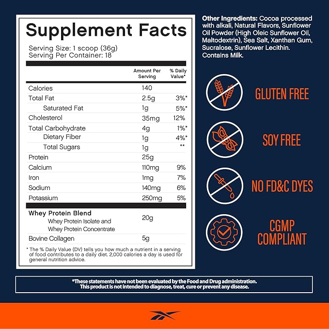 Reebok Whey Protein Powder + Collagen Peptides | 25g Protein with 9 Essential Amino Acids | Muscle Recovery Joint &amp Gut Support | Informed-Sport Certified | REEbuild Chocolate Fudge Flavor 1.3 l