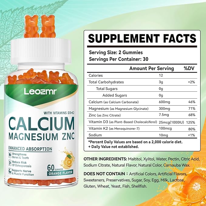 Calcium Magnesium Zinc Gummies with Vitamin D3 &amp K2 - High Potency Enhanced Absorption -120 Orange Gummies Flavored