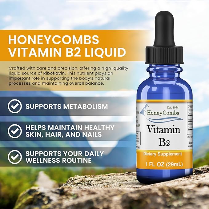HoneyCombs Riboflavin Vitamin B2 Liquid Drops 750 Percent DV b2 Made in USA Alcohol Free B2 Vitamins Supplement Alternative to Capsules for Adult Daily Use (8 Fl oz)