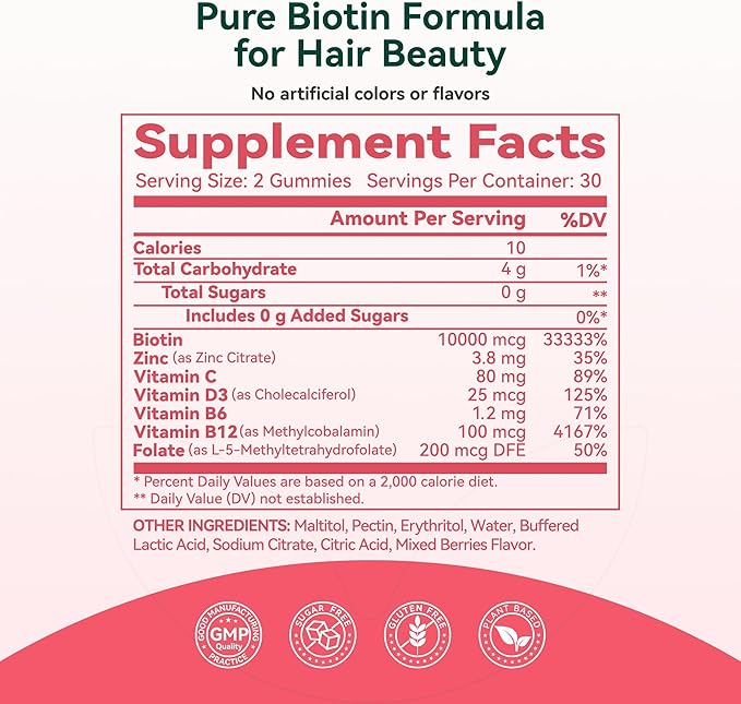 Biotin Gummies 10000 mcg – Hair Skin and Nails Support for Women &amp Men – with Vitamins C D3 B6 B12 &amp Folate – Mixed Berry Flavor Sugar Free 120 Count (2 Pack)