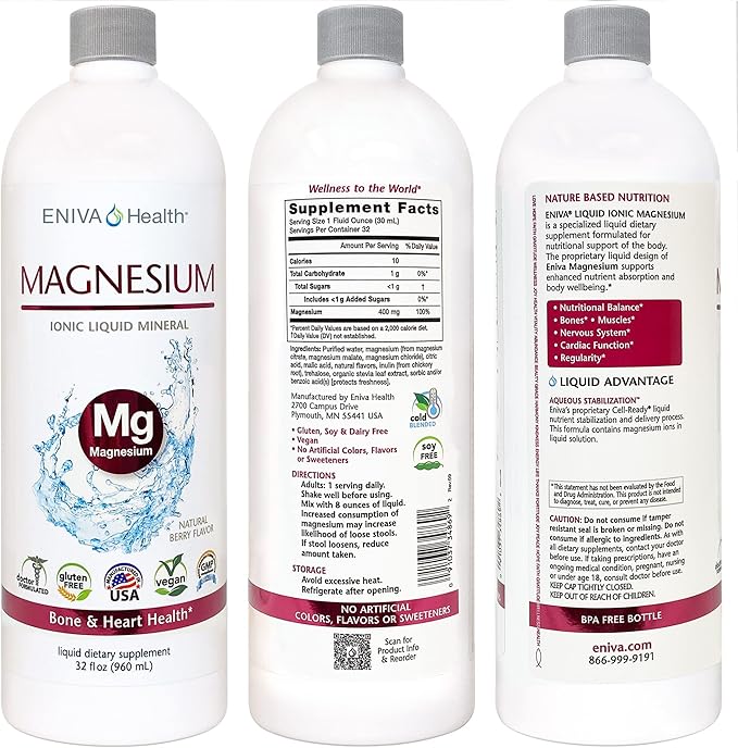 Eniva High Potency Liquid Ionic Magnesium Supplement 2-Pack Berry Flavor | 400 MG | Digestive Health Muscle Energy and Bones | Zero Calories | Zero Sugar | for Muscle Recovery - 64 Servings Total