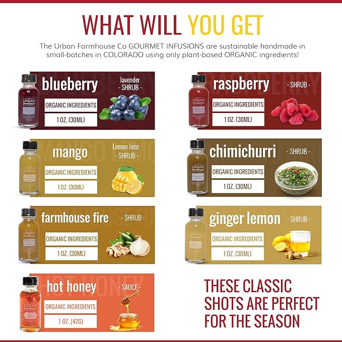 The Urban Farmhouse Co. Organic Vinegar Shrub Shot Variety Box – 1 oz Bottles – Small-Batch Apple Cider Drinking Vinegar with Herbs &amp Spices – No Sugar Added – Cocktail Mixer Gut Health Tonic – H