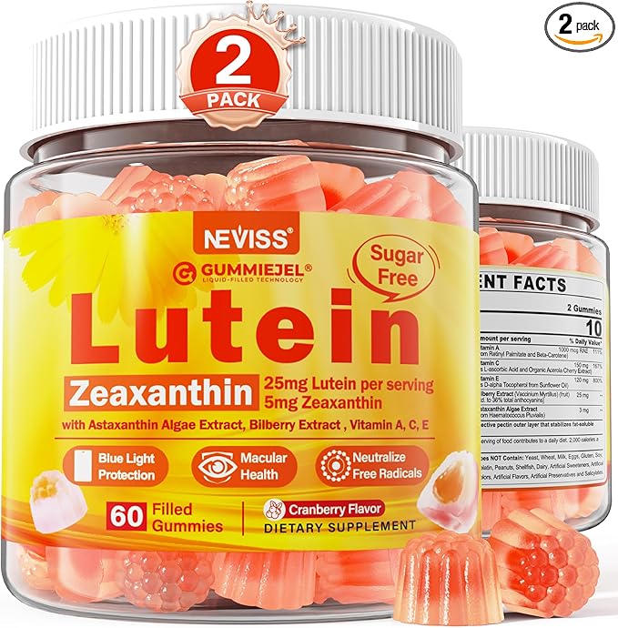 2 Pack Lutein and Zeaxanthin Supplements Gummies (25mg) Vitamins A C E Bilberry Astaxanthin - Coconut Oil for Better Absorption - for Adults &amp Teens Vision Eye Brain Skin - Vegan Sugar Fre