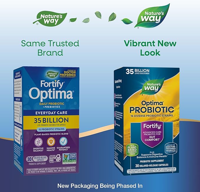 Nature's Way Fortify Optima Probiotic for Adults 35 Billion Cultures 15 Strains Supports Digestive Balance and Immune Health* No Refrigeration Required 30 Capsules (Packaging May Vary) - 2 Pack