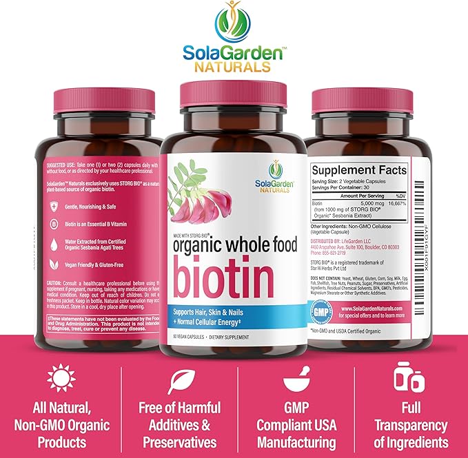 Whole Food Biotin Supplement - Contains Certified Organic Plant Based Biotin from Sesbania Agati Trees - by SolaGarden Naturals. May Support Hair Skin and Nails. 60 Non GMO Veggie Capsules.