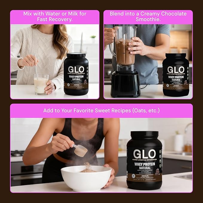 GLO Health Foods Cold Processed Whey Protein - Chocolate Flavor - 24g Protein per Serving - Whey with Digestive Enzymes &amp BCAAs - Supports Muscle Growth Strength &amp Recovery - 2 LB (28 Serving