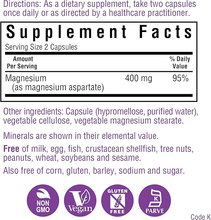 Bluebonnet Nutrition Magnesium 400 mg Chelated Magnesium Aspartate Daily Mineral Heart &amp Bone Support* Supplement for Men &amp Women Vegan Non-GMO - 200 Vegetable Capsules