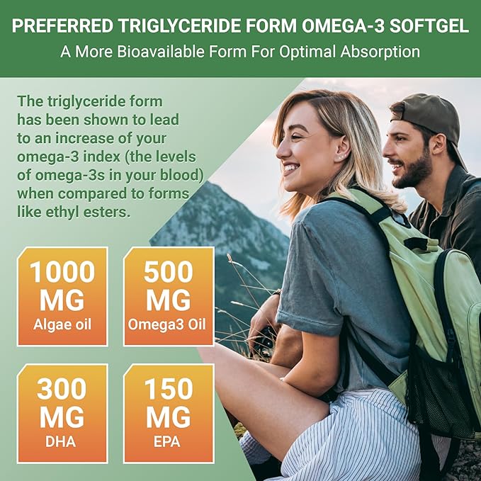 Algae Omega 3 Softgels with 300mg DHA 150mg EPA &amp Vitamin D3 &amp K2 - Omega 3 Supplement Fatty Acid to Support Brain Eye &amp Immunity - Vegan 60 Count