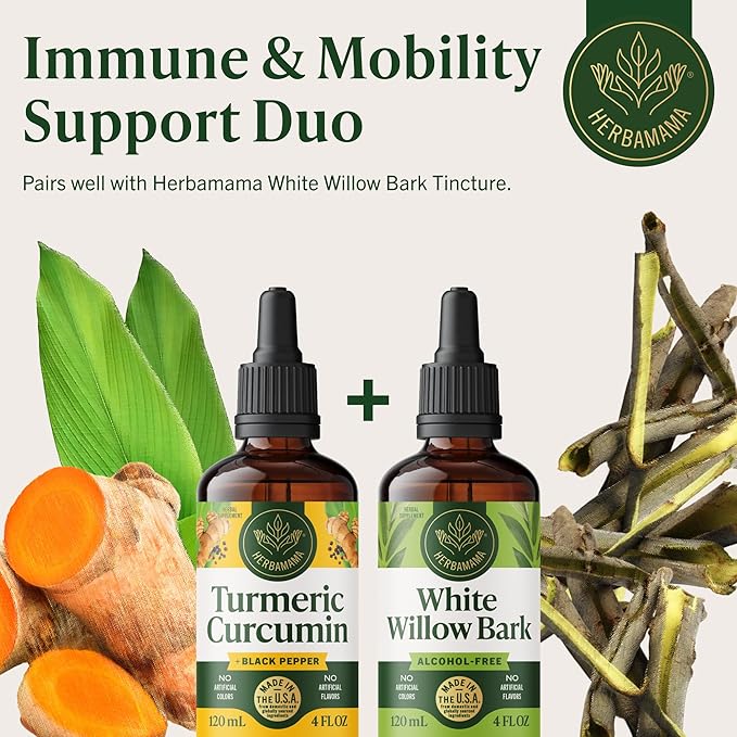HERBAMAMA Turmeric Liquid Drops - Vegan Immune Digestive &amp Mobility Support with Turmeric Curcumin with Black Pepper Extract - Non-GMO Alcohol &amp Sugar-Free Antioxidant Supplement - 56-Day Su