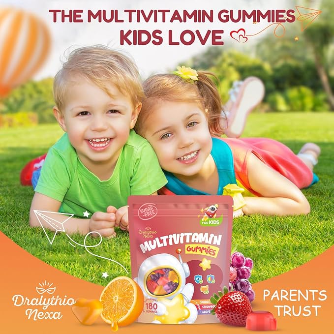 Kids Multivitamin Gummies 180 Count - Eye Brain &amp Gut Support - Sugar-Free Vitamins for Kids - with Lutein Omega-3 DHA &amp Prebiotics - 3 Fruit Flavors - Ages 2+