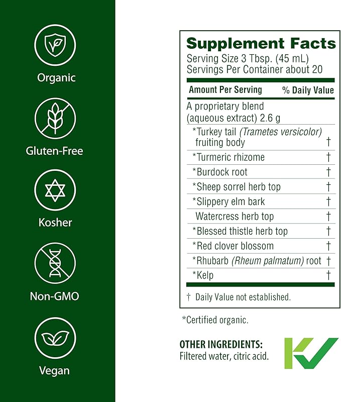 Flora Health Flor-Essence with Turkey Tail &amp Turmeric Rich in Polysaccharides 35+ Phenolic Compounds with Antioxidants and Immunity Support 32-fl. oz. Glass Bottle