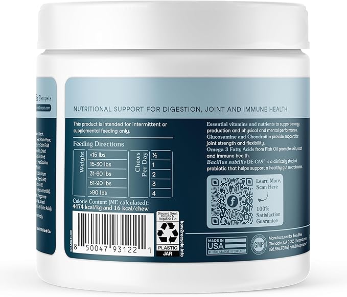 Fera Pets Dog Multivitamin Chews with Glucosamine and Probiotics - Essential Dog Vitamins &amp Minerals - Promotes Healthy Digestion &amp Joints - Boosts Skin &amp Coat Health with Omega-3s - 90 So