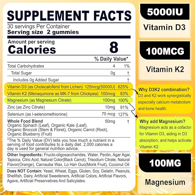 2 Pack Vegan Vitamin D3 5000IU K2 Gummies+ 1 Pack Whole Food Vitamin C Gummies