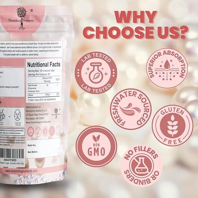 Pearl Powder Supplement for Skin Health - Anti-Aging Antioxidant &amp Collagen Production - Healthy Eyes Hair and Nails Supports Immunity Mood and Sleep - With Calcium and Amino Acids 60g 30 serv