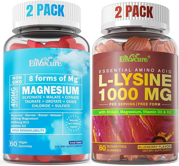 2Pack Magnesium Gummies 400mg + 2Pack Sugar Free L-Lysine Gummies 1000mg