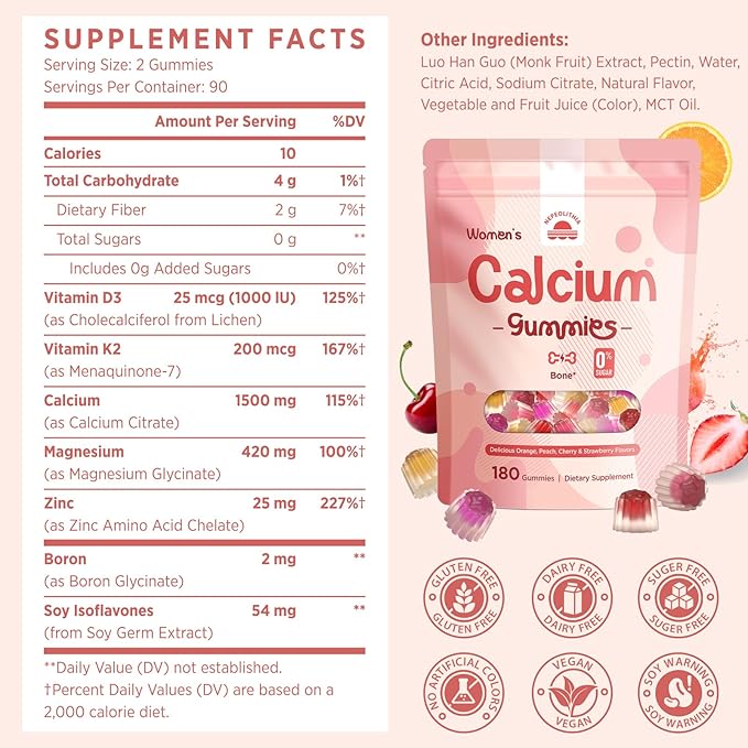 Calcium Gummies for Women – 1500mg Calcium Citrate with Vitamin D3 K2 Magnesium Zinc Boron &amp Soy Isoflavones – Calcium Supplement Vegan Zero Sugar Mixed Fruit Flavors 360 Count