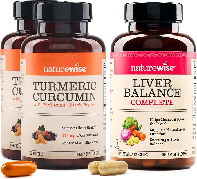 NatureWise (Pack of 2) Turmeric Curcumin 500mg + Bioperine Black Pepper - 30 Softgels[30-Day Supply] + [1] Liver Balance - Milk Thistle Dandelion Turmeric - 60 Capsules[30-Day Supply]