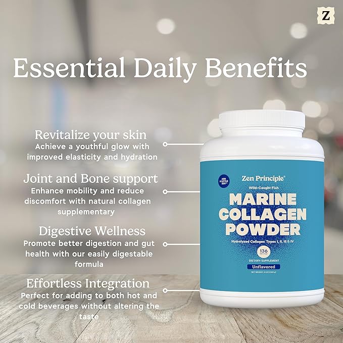 Zen Principle Marine Collagen Peptides Powder 3 lb. Wild-Caught Fish Non-GMO. Supports Healthy Skin Hair Joints and Bones.Hydrolyzed Types I II III and IV Protein. Amino Acids. Easy to Mix.