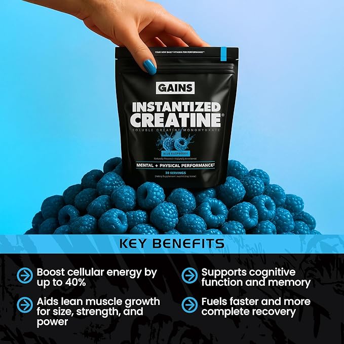 Gains in Bulk Instantized Creatine Monohydrate for Women and Men Soluble Pre Workout Powder Supports Muscle Building Strength and Performance Bodybuilding Supplements Blue Raspberry 30 Servings