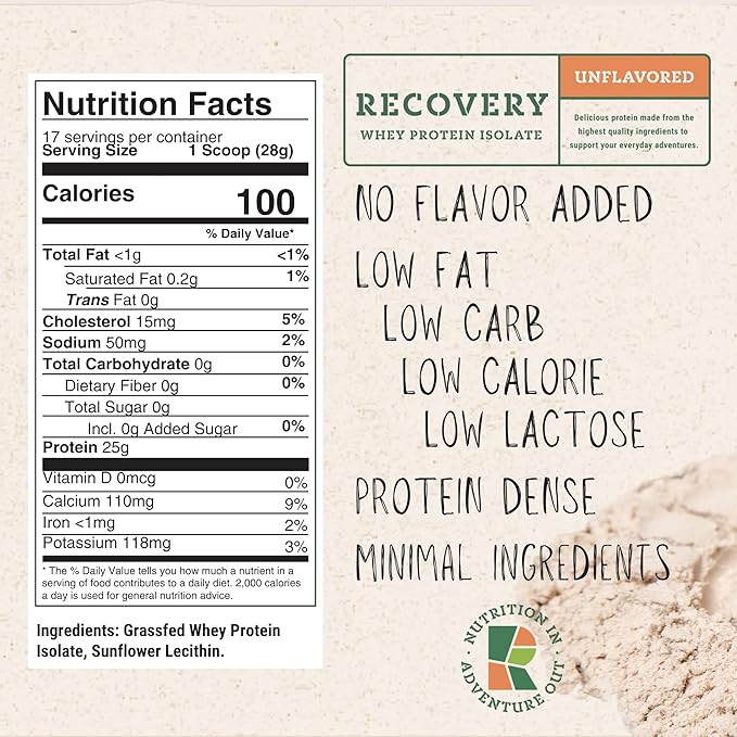 Whey Protein Isolate - Grass-Fed Protein Powder for Recovery - 22g of Protein - 17 Servings (One Size Unflavored)