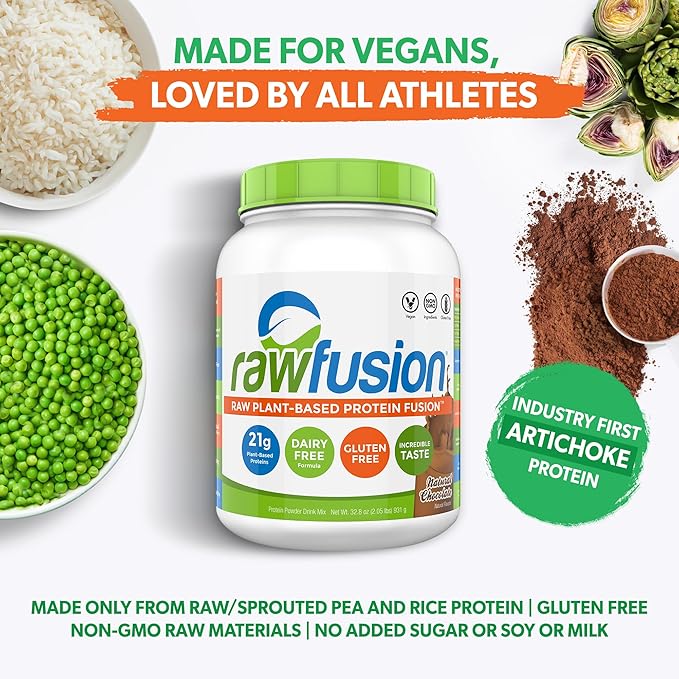 Rawfusion- Vegan Protein Powder Natural Chocolate - 30 Servings 21g of Plant Based Protein Low Net Carbs Non-Dairy Gluten/Lactose Free Soy Free Kosher Non-GMO 2lbs Pound