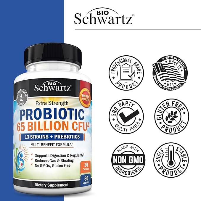Probiotic 65 Billion - Probiotics with Prebiotic for Women &amp Men - Lactobacillus Acidophilus Digestive Health Capsules - Targeted Release Technology - Shelf Stable Supplement Non-GMO Dairy Free-30
