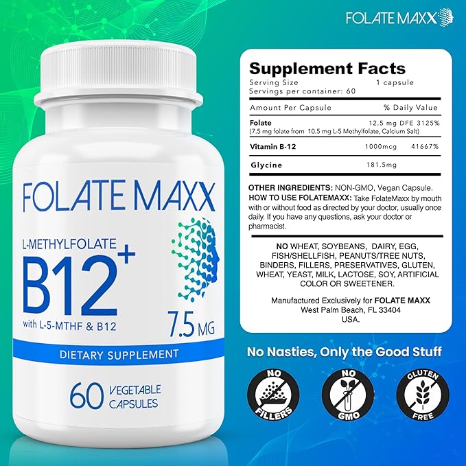 L Methylfolate 7.5mg Plus B12 Methyl - 60 Capsules - 5-MTHF with B12 Methylcobalamin Supplement for Mood Methylation and Cognition - Bioactive Forms of Vitamin B9 &amp B12-2 Month Supply