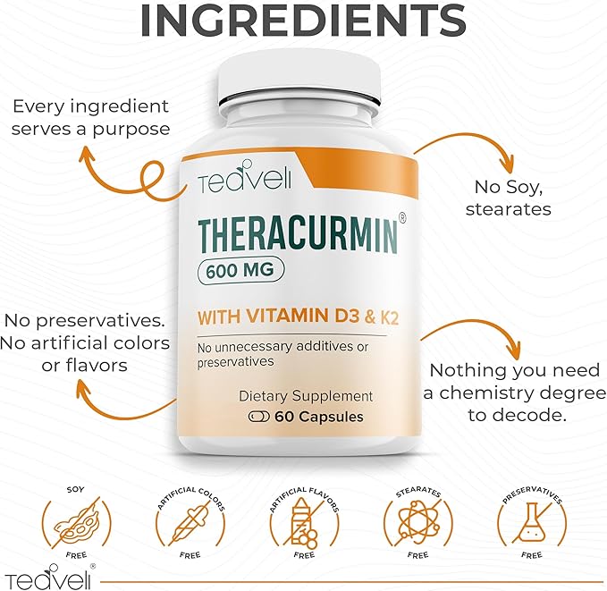 Theracurmin Turmeric Curcumin Supplement- Advanced Joint Bones and Muscle Support with Vitamin D3 and K2 (MK-7)– 600mg Theracurmin- No Stearates Clean Label- 60 Capsules