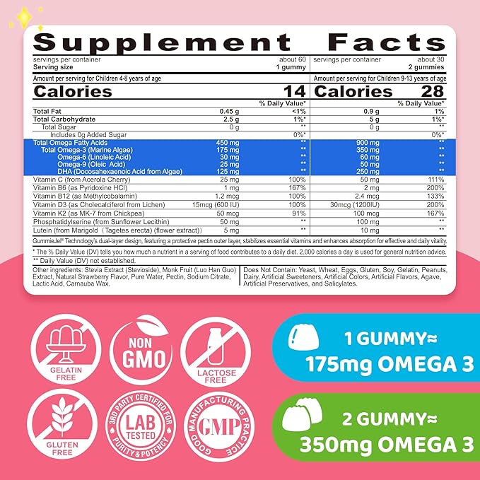 Kids Omega 3 Gummies for 4+ with DHA Vitamins D3 K2 C B6 Methyl B12 Luetin &amp PS No Fish Taste Sugar Free Omega 3 Fish Oil Alternative for Children for Brain Bone Eyes Focus Immunity 120 C