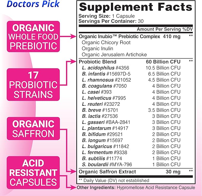 Fem Pro Probiotics for Women. 17 Clinically Effective Strains for Vaginal Digestive &amp Immune Support Urinary Tract Health pH Balance and Mood. Organic Prebiotic 30 Veggie Capsules