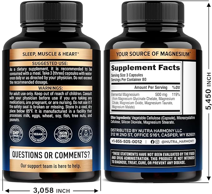 Magnesium Supplement - 5 in 1 Complex 500 mg | Glycinate | Citrate | Malate | Taurate | Oxide - Made in USA - Stress Muscle &amp Heart Support - Vegan Natural Non-GMO - 240 Capsules
