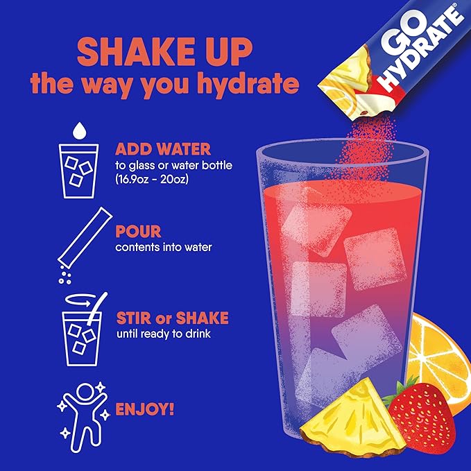 GoHydrate Instant Hydration Powder Packets - Low Sodium Electrolytes Drink Mix - Natural Hydration Support Sugar Free Electrolyte Flavored Powder Drink with Vitamin D 30 Packs Fruit Punch