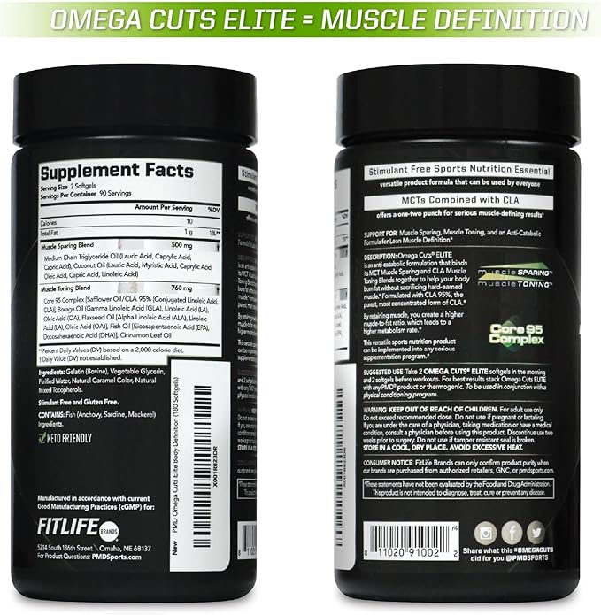 PMD Sports Omega Cuts Elite -Fat Loss-Muscle Defining Formula - Omega Fatty Acids MCT's and CLA for Muscle Definition and Maintenance - Keto Friendly For Women and Men - Stimulant Free (180 Softgels)