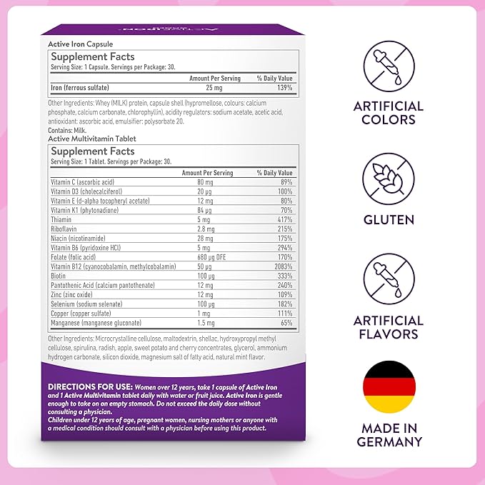 Active Iron Supplement 25mg + Multivitamin for Women Clinically Proven to Increase Iron &amp Energy Levels Maximum Absorption Gentle Non-Constipating 30 Capsules + 30 Tablets in On-the-Go Foil P
