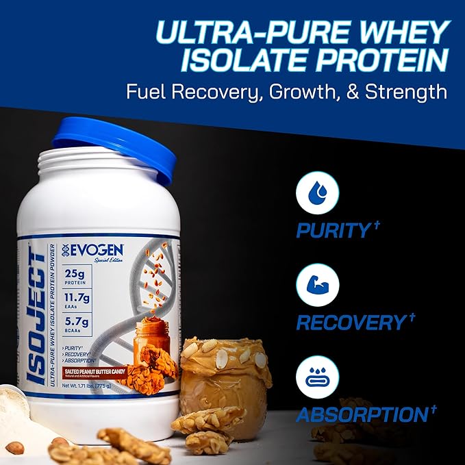Evogen Isoject - Whey Protein Isolate | Ultra-Pure Whey Protein Powder with Ignitor Enzymes BCAAs and EAAs | Enhanced Absorption &amp Recovery | Salted Peanut Butter Candy | 25 Servings