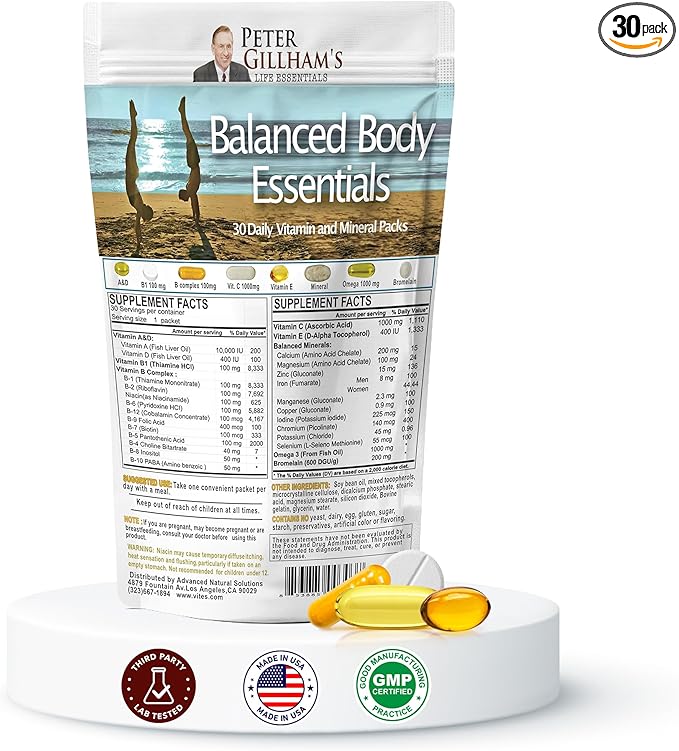 Balanced Body Essentials Daily Multivitamins &amp Minerals 30 Pack for Healthy Digestion immunie System Skin Bones Teeth Brain &amp Eyes. Peter Gillham's