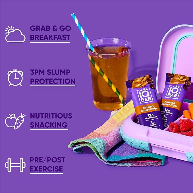 IQBAR Clean Plant Protein Bars - Almond Butter Chip - 24 Count - Keto Vegan High Fiber Gluten and Dairy Free Low Sugar Snack - Brain and Body Nutrients for Focus Energy Meal Replacement