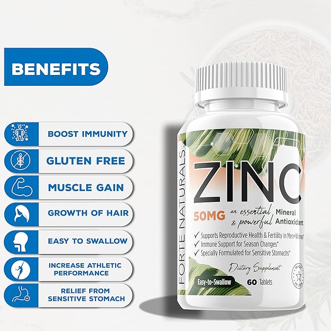 Zinc 50mg (60 Tablets) Specially Formulated for Sensitive Stomach Immune Support Skin &amp Hair Vegan Zinc Supplement Non-GMO Made in USA