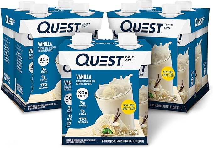 Quest Vanilla Protein Shake High Protein Low Carb Gluten Free Keto Friendly 11 Fl.Oz 4 Count (Pack of 3) and Quest Nutrition Peanut Butter Cups 12 Count (Pack of 1) (total- 17.76 Ounce)