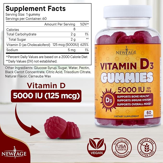 NEW AGE Vitamin D3 5000 IU 125mcg Gummies - Immune Supplement - Non-GMO Gluten-Free Dairy-Free No Gelatin (120 Gummies (Pack of 2))