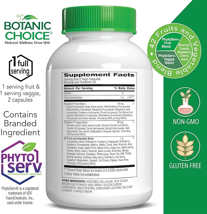 Botanic Choice Since 1910 - Mega Fruits &amp Veggies Blend - 42 Fruits and Vegetables - 2 Caps Daily - 60 Count Supplement - 2 Pack