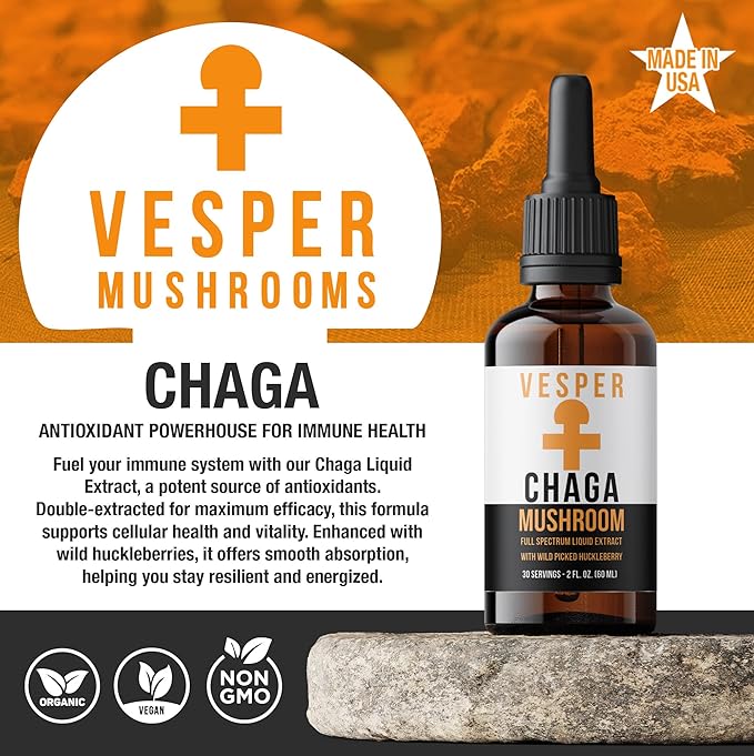 Vesper Chaga Mushroom Liquid Extract - Double Extraction with Wild Huckleberries for Antioxidant Support Immune Health USA-Grown for Vitality &amp Cellular Defense – 2oz